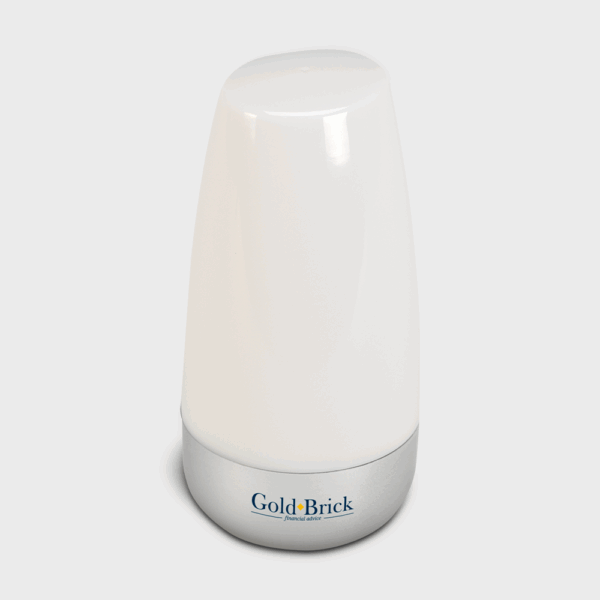 Lampe LED cylindrique, base grise.