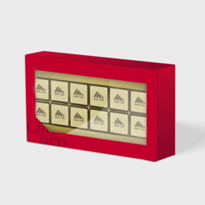 Boîte de chocolats personnalisée, design rouge moderne.