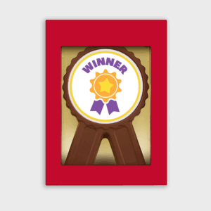 Récompense chocolat gagnant dans cadre rouge.
