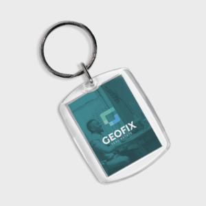 Porte-clés transparent avec logo Geofix immobilier.