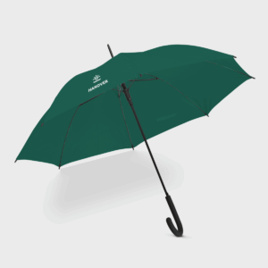 Parapluie vert avec logo "Hanover" visible
