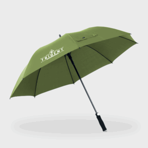 Parapluie vert avec poignée noire.