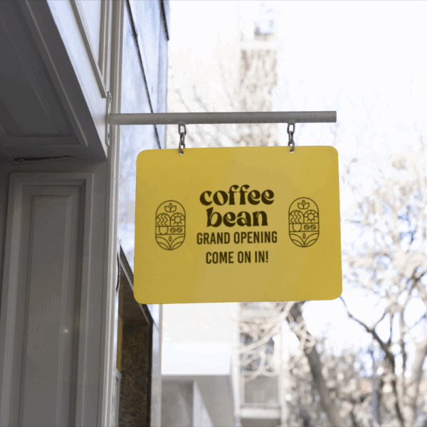 Panneau jaune, ouverture café, entrez maintenant.