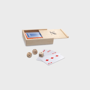 Jeu de cartes et dés en bois