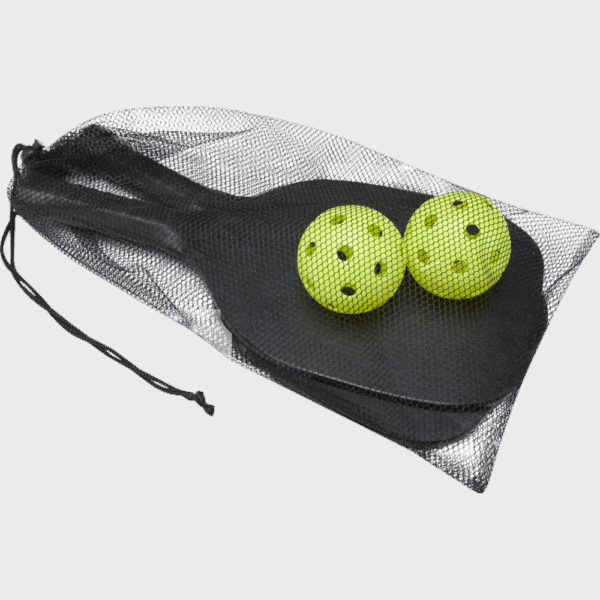 Set de raquettes et balles jaunes en filet noir.