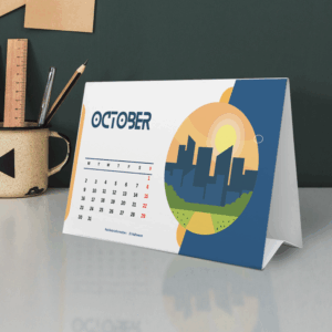 Calendrier octobre avec illustration de ville au coucher du soleil.