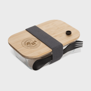 Boîte repas en bois avec couverts inclus.