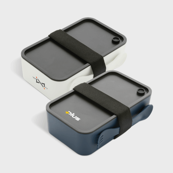 Deux boîtes repas empilables avec sangle noire.