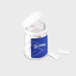 Pot de chewing-gums blancs avec couvercle ouvert.