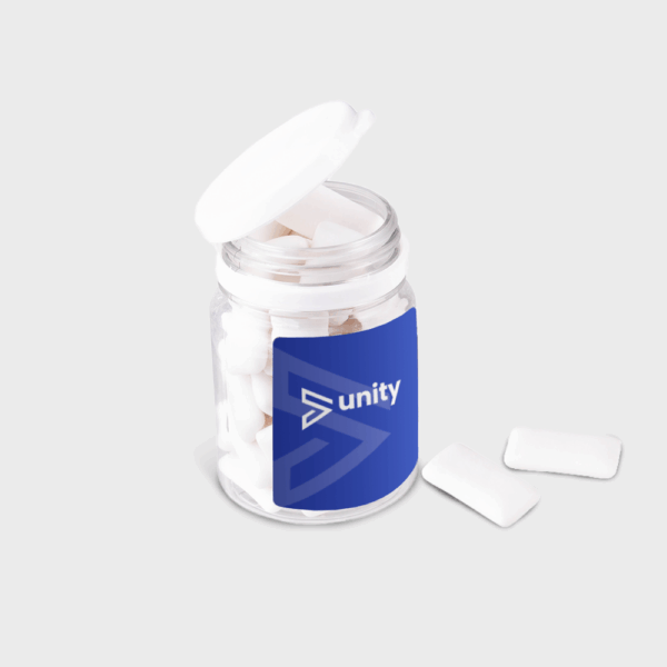 Pot de chewing-gums blancs avec couvercle ouvert.