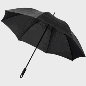 Parapluie noir ouvert sur fond blanc.
