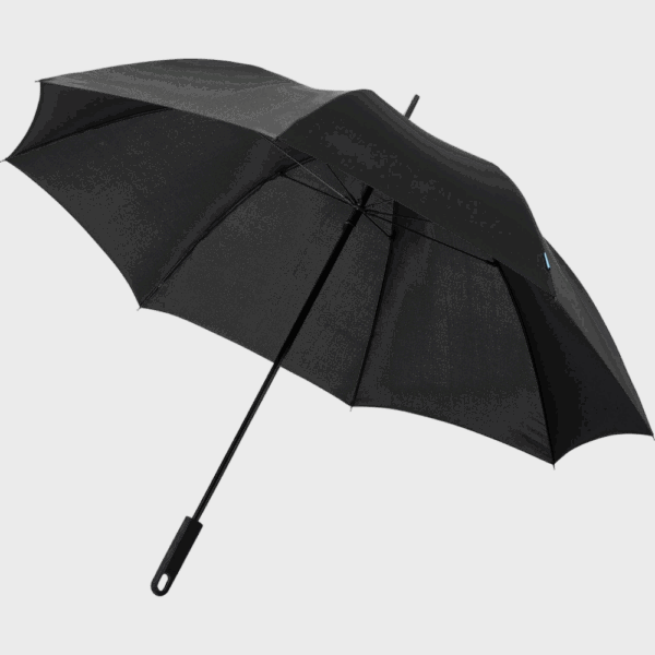 Parapluie noir ouvert sur fond blanc.