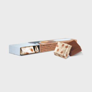 Barres de chocolat au lait emballées, ouvertes.