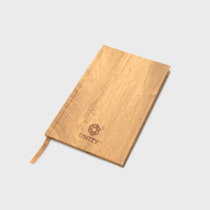 Carnet marron en bois avec logo Unity