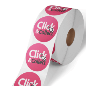 Autocollants Click & Collect sur un rouleau blanc.