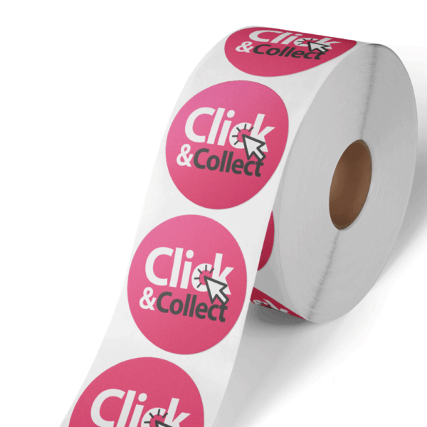 Autocollants Click & Collect sur un rouleau blanc.