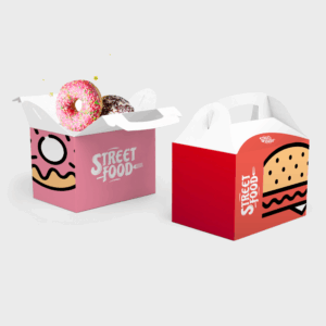 Boîtes Street Food donuts et burger illustrées.