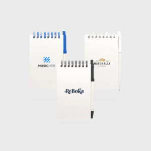Carnets de notes avec stylos intégrés, designs variés.