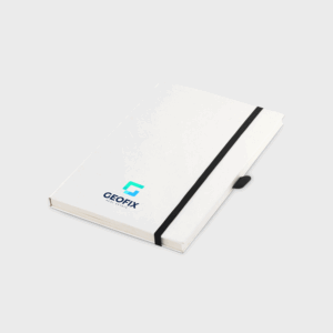 Carnet blanc avec logo GeoFix et bande élastique