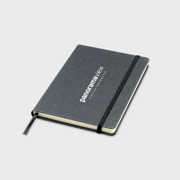 Carnet noir avec élastique et logo blanc