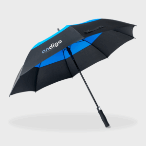 Parapluie noir et bleu avec logo Andigo visible.