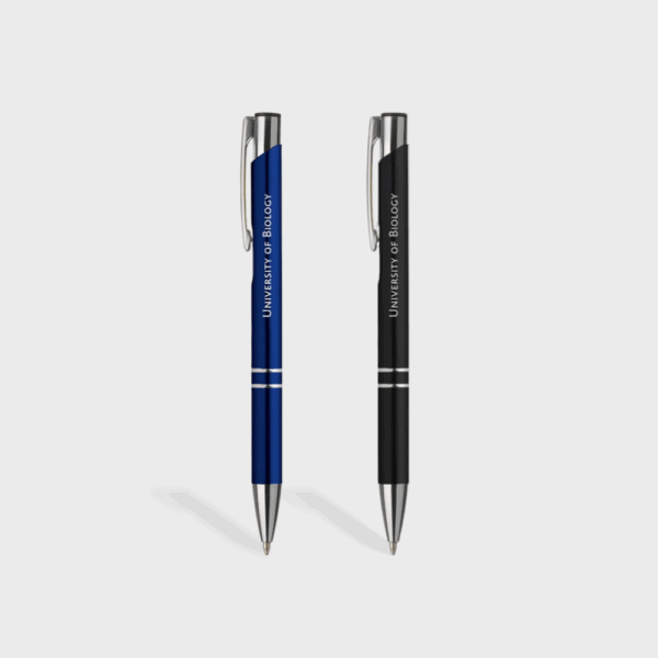 Stylos bleus et noirs avec logo université.