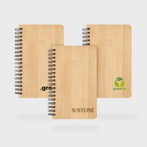 Cahier en bambou avec logos, recyclable et écologique.