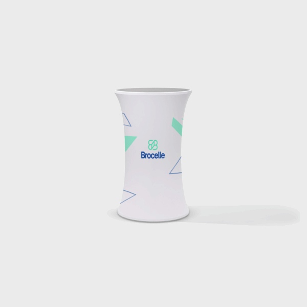 Présentoir blanc avec le logo Brocelle