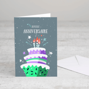 Carte joyeux anniversaire avec gâteau et bougies.