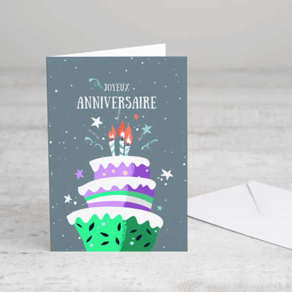 Carte joyeux anniversaire avec gâteau et bougies.