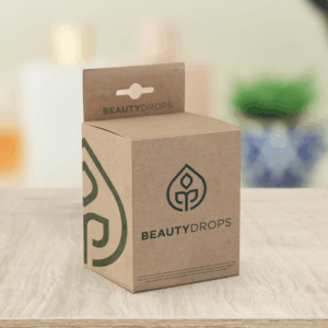 Boîte en carton Beauty Drops sur table.