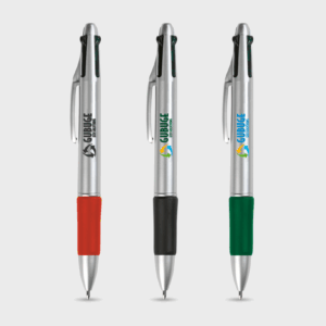 Trois stylos à bille avec poignées colorées.