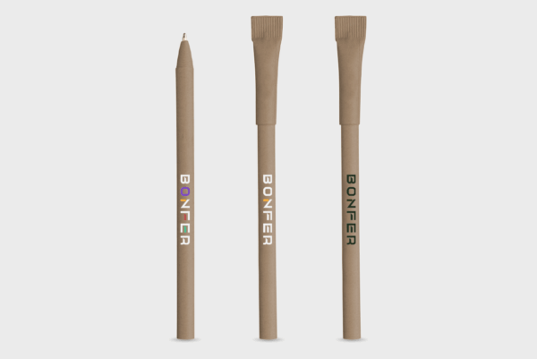 Stylos Bonfer en papier recyclé, trois vues différentes.
