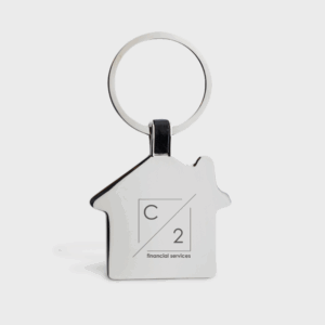 Porte-clés maison avec logo entreprise financière.