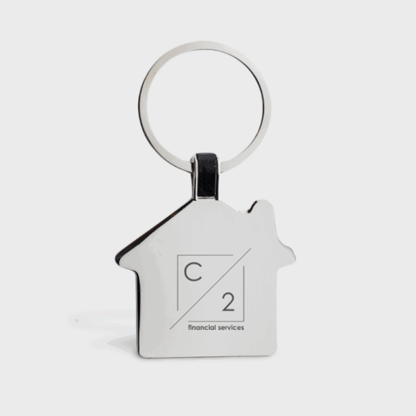 Porte-clés maison avec logo entreprise financière.