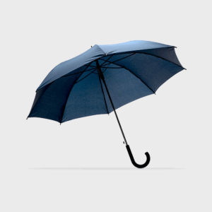 Parapluie bleu ouvert sur fond blanc.