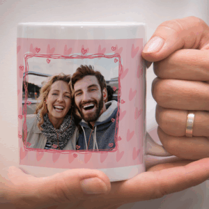 Tasse personnalisée avec photo et cœurs roses.