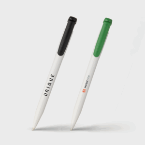 Stylos à bille blancs avec clips colorés.