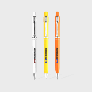 Trois stylos colorés : blanc, jaune et orange.