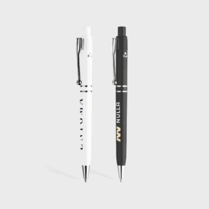 Deux stylos à bille, noir et blanc.