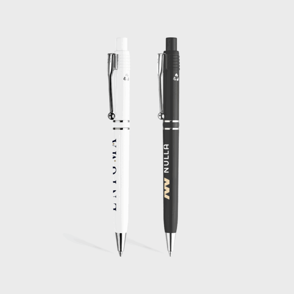 Deux stylos à bille, noir et blanc.
