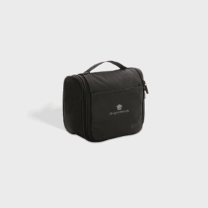 Trousse de toilette noire avec poignée.