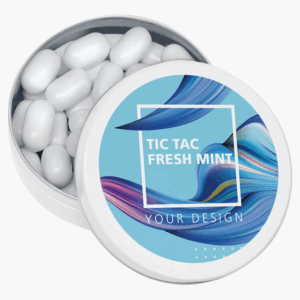 Boîte ronde Tic Tac menthe fraîche, ouverte.