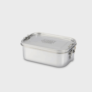 Boîte inox avec couvercle, style repas rapide.