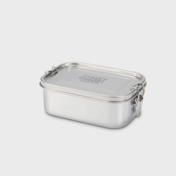 Boîte inox avec couvercle, style repas rapide.