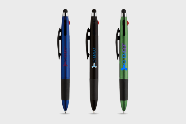 Trois stylos tactiles bleus, noirs, et verts.