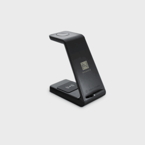 Support de charge sans fil noir et minimaliste.