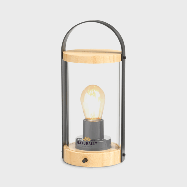 Lampe en verre et bois avec ampoule LED.